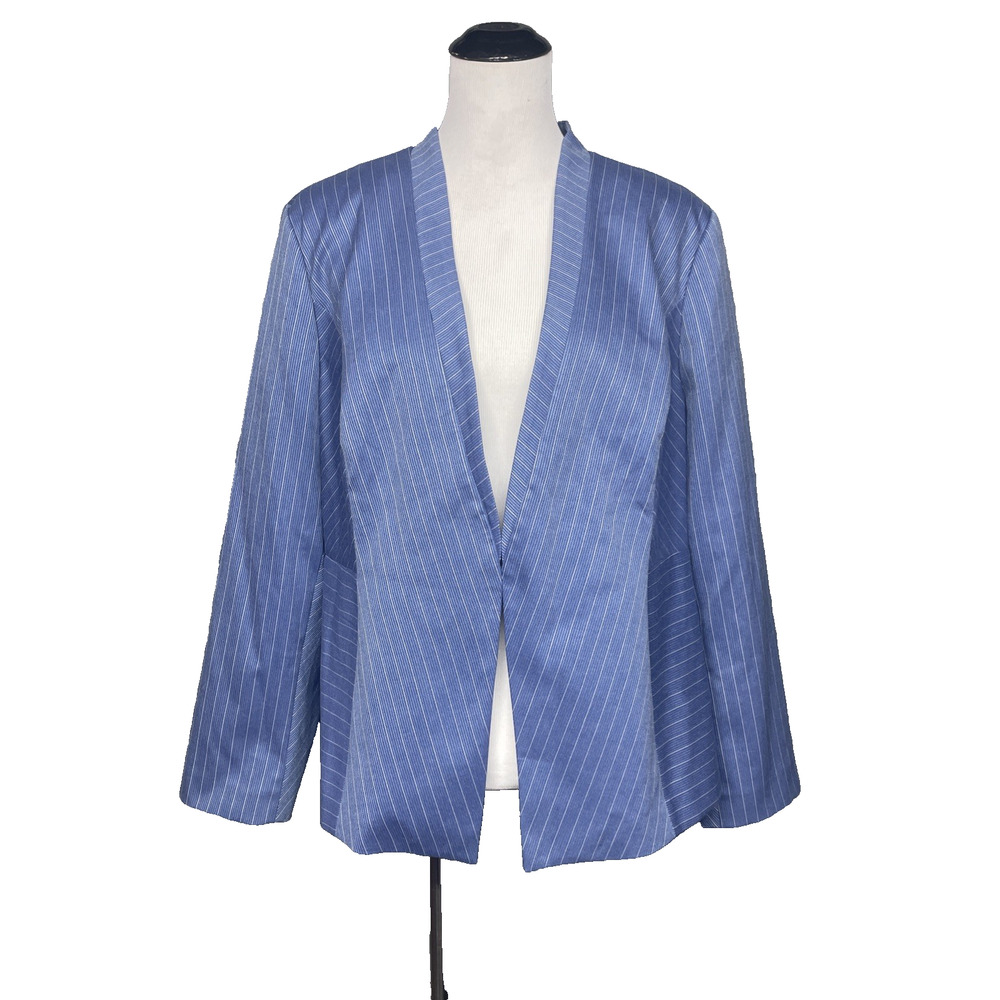 Chicos Black Label Womens 3/XL Blue Pinstripe Open Front Blazer Jacket
